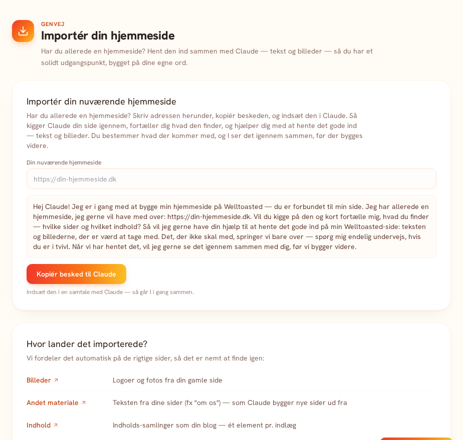 Importér din eksisterende hjemmeside til Welltoasted